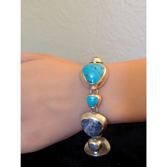 Taxco Signed TZ-17 Mexico 925 Sterling Chunky Twosie Four Stone Link Bracelet - Picture 1 of 13